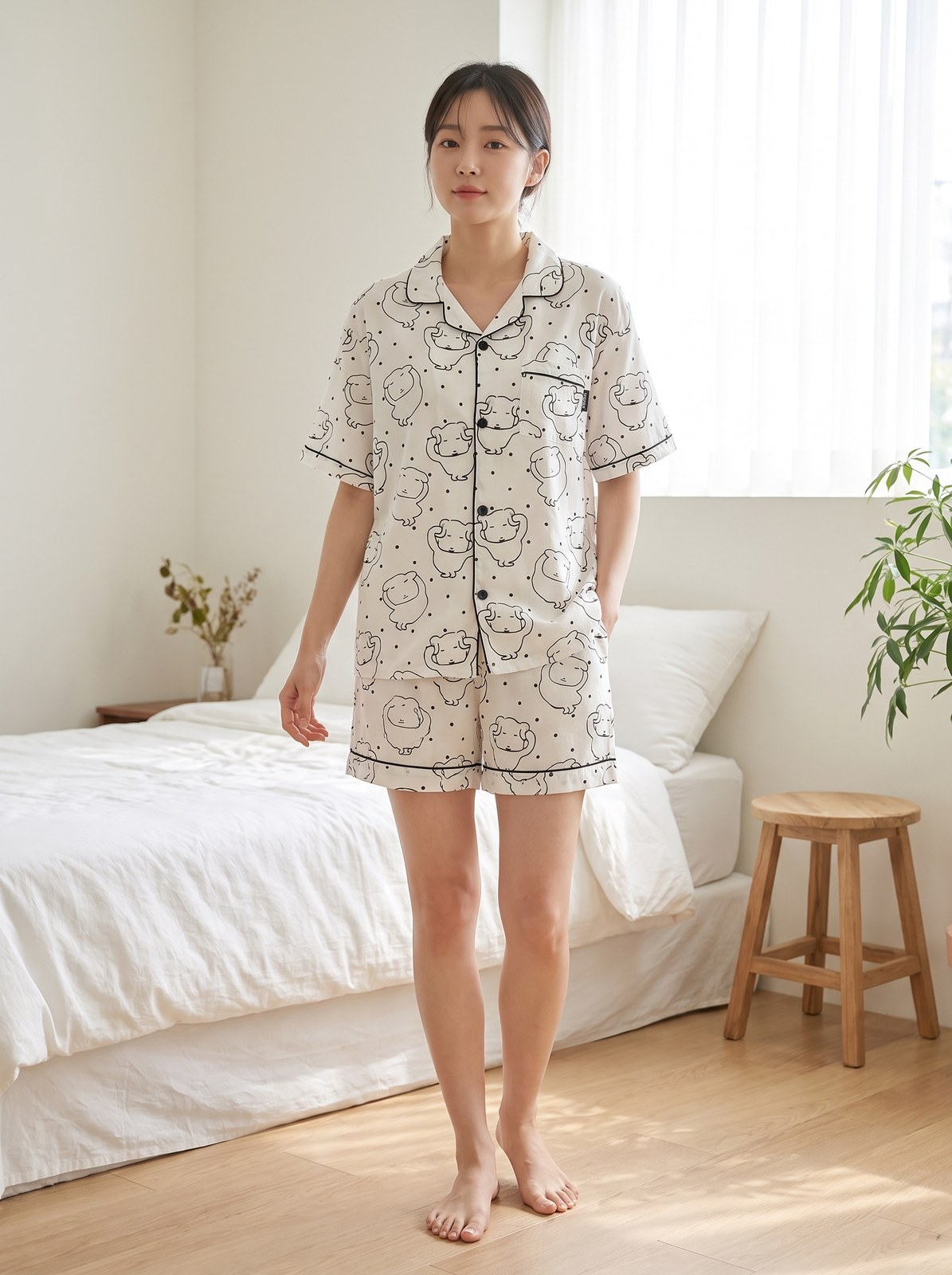 Full-length view of the Ganadi pajama set — camp-collar top and matching shorts