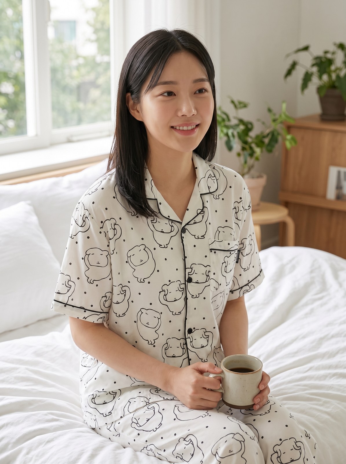 Model wearing the Ganadi short-sleeve pajama set, relaxing on a bed