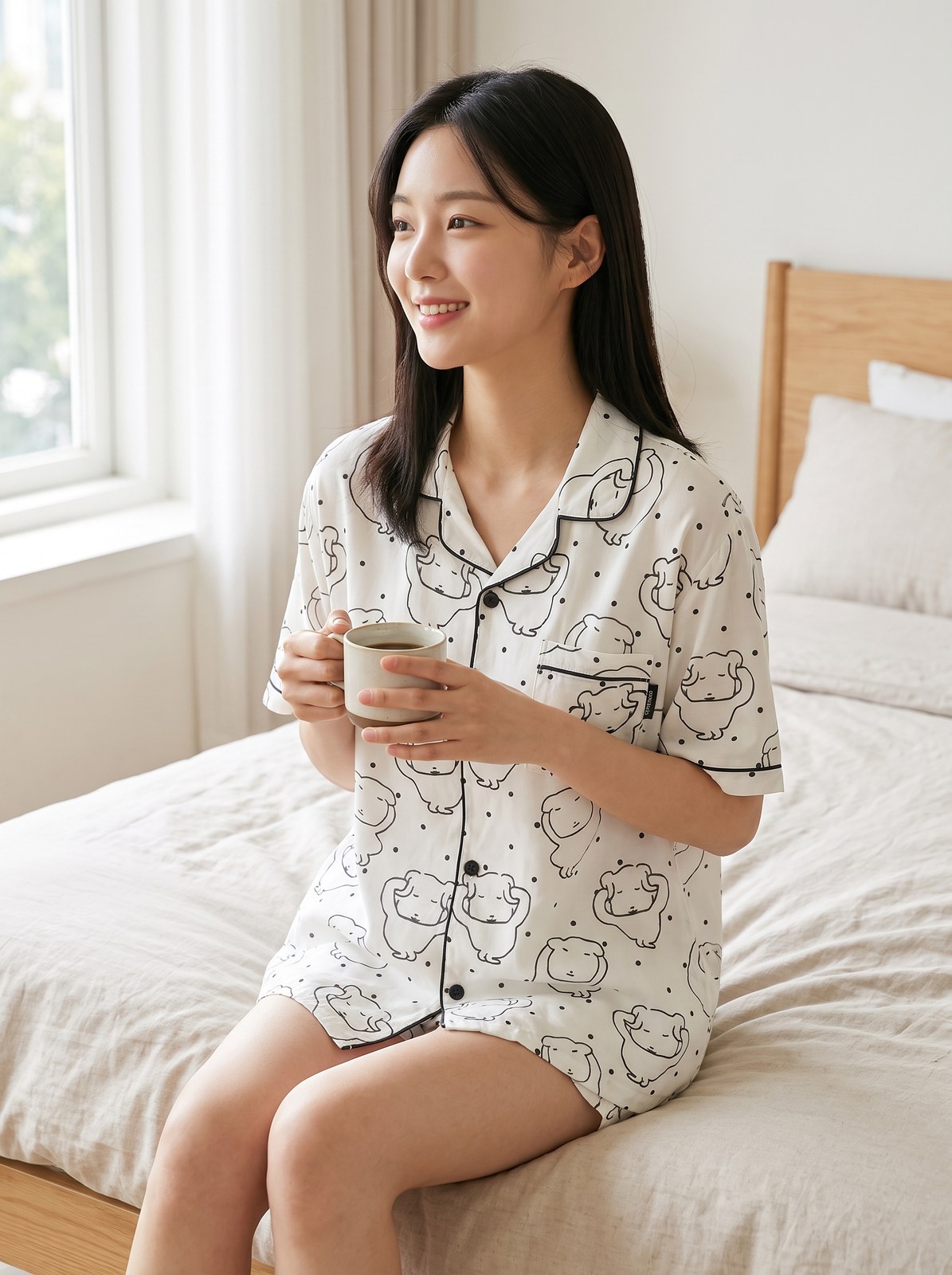 Model wearing the Ganadi short-sleeve pajama set, seated holding a coffee cup