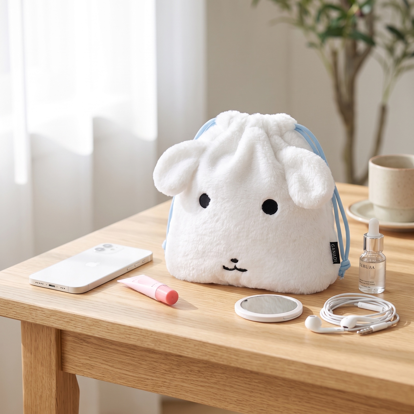 GANADI pouch styled on a desk with cosmetics