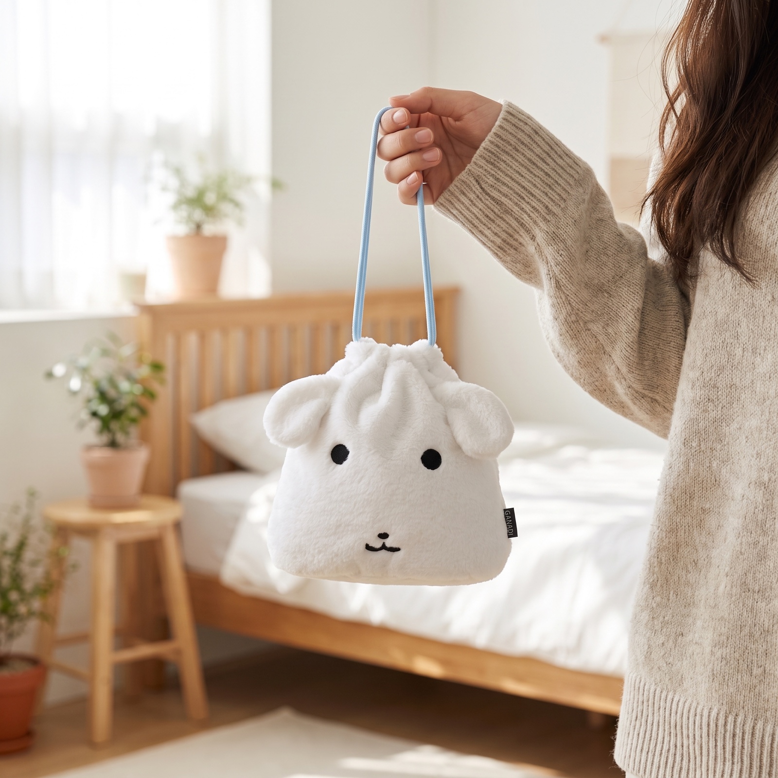 Model holding the GANADI pouch by its drawstring